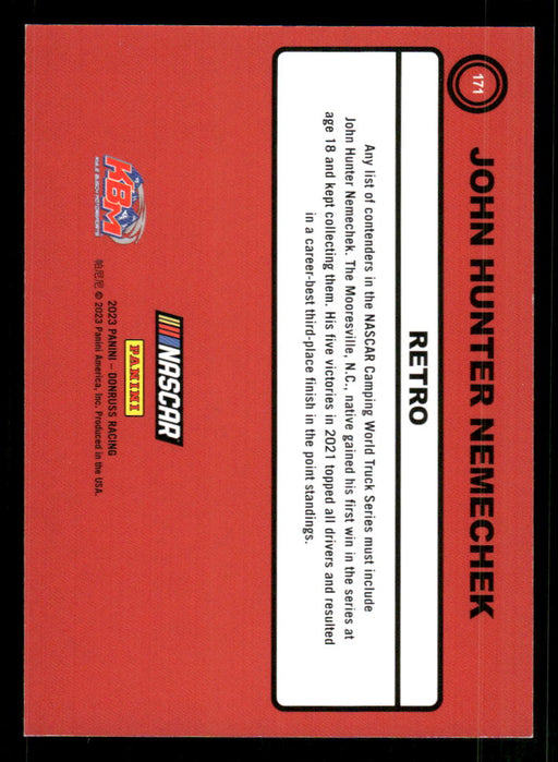 John Hunter Nemechek 2023 Panini Donruss Racing Red Retro 1990 Back of Card