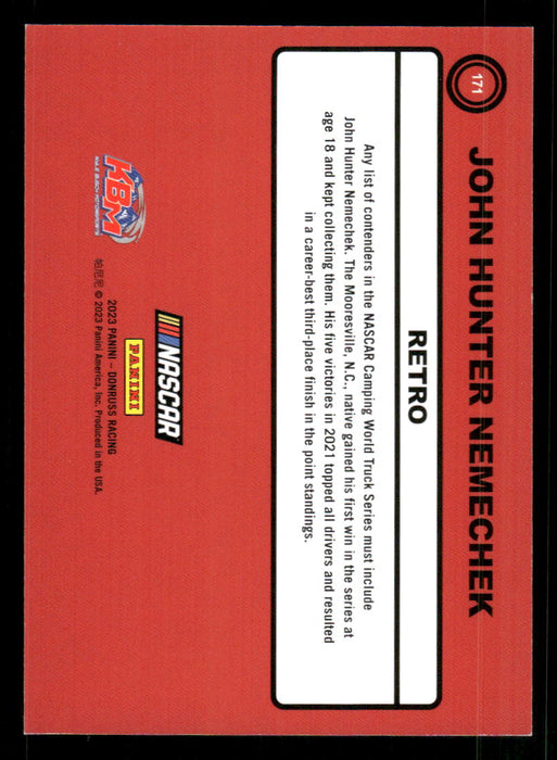 John Hunter Nemechek 2023 Panini Donruss Racing Red Retro 1990 Back of Card
