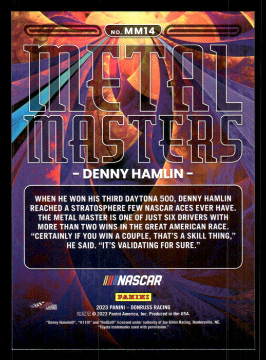 Denny Hamlin 2023 Panini Donruss Racing Holo Metal Masters Back of Card
