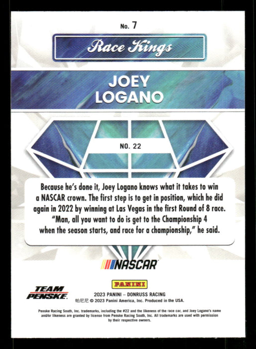 Joey Logano 2023 Panini Donruss Racing Opitc Race Kings Back of Card