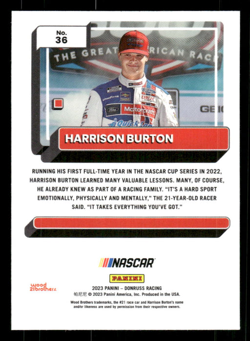 Harrison Burton 2023 Panini Donruss Racing Optic Back of Card