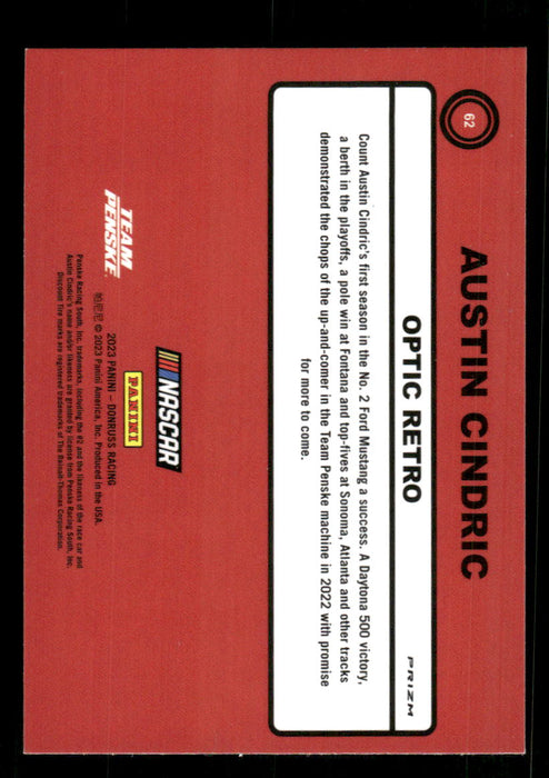 Austin Cindric 2023 Panini Donruss Racing Holo Optic Retro 1990 Back of Card