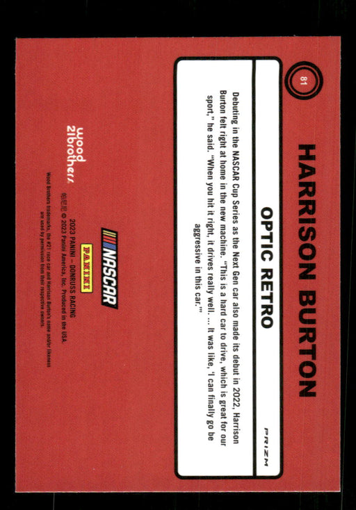 Harrison Burton 2023 Panini Donruss Racing Holo Optic Retro 1990 Back of Card