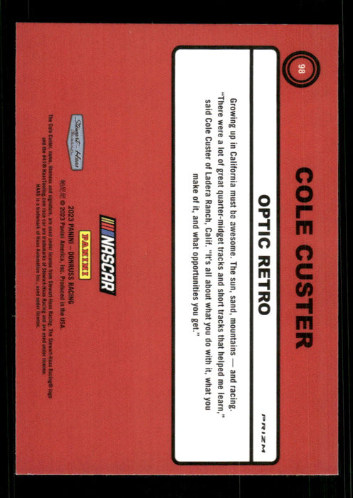 Cole Custer 2023 Panini Donruss Racing Holo Optic Retro 1990 Back of Card