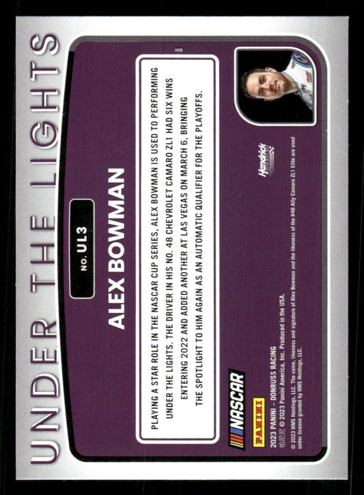 Alex Bowman 2023 Panini Donruss Racing Under The Lights Back of Card