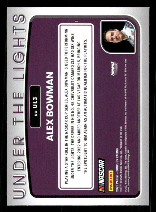 Alex Bowman 2023 Panini Donruss Racing Under The Lights Back of Card