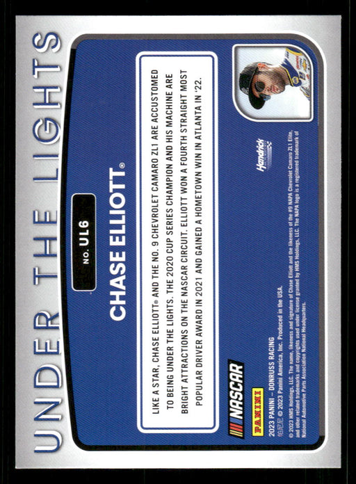 Chase Elliott 2023 Panini Donruss Racing Under The Lights Back of Card