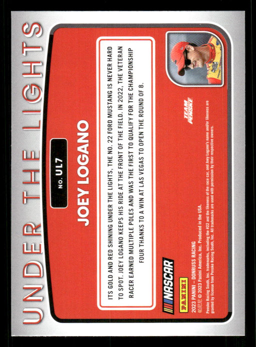 Joey Logano 2023 Panini Donruss Racing Under The Lights Back of Card