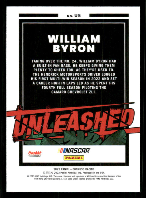 William Byron 2023 Panini Donruss Racing Unleashed Back of Card