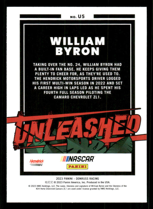 William Byron 2023 Panini Donruss Racing Unleashed Back of Card