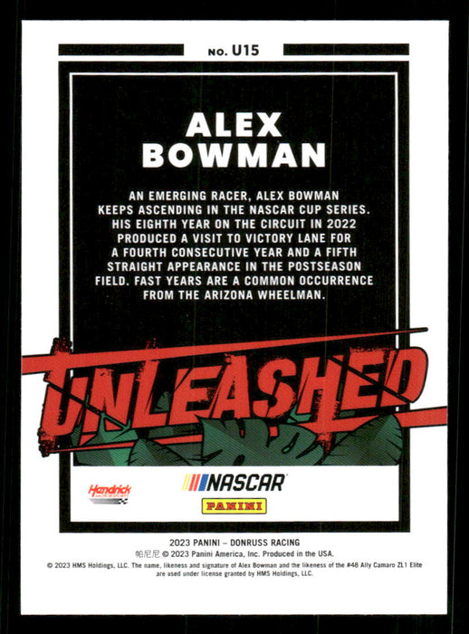 Alex Bowman 2023 Panini Donruss Racing Unleashed Back of Card