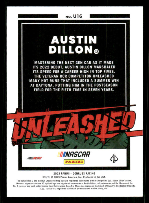 Austin Dillon 2023 Panini Donruss Racing Unleashed Back of Card