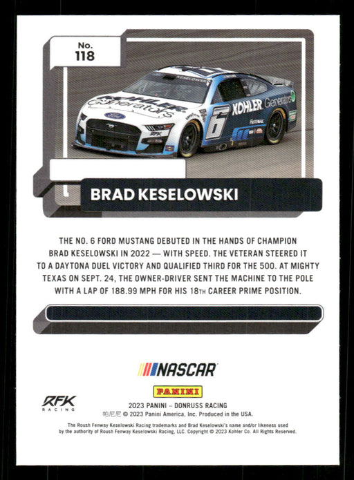Brad Keselowski 2023 Panini Donruss Racing Silver Cars Base Back of Card