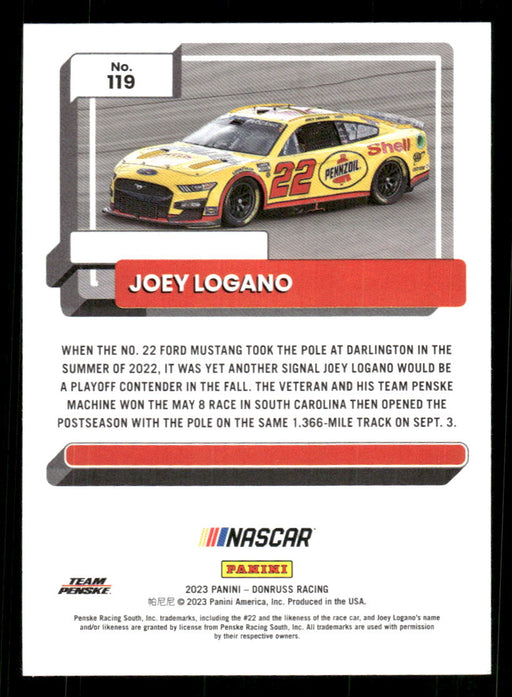 Joey Logano 2023 Panini Donruss Racing Silver Cars Base Back of Card