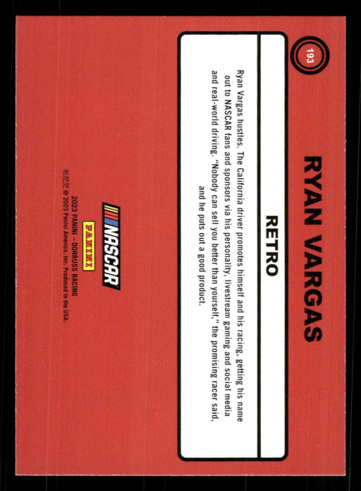 Ryan Vargas 2023 Panini Donruss Racing Silver Retro 1990 Base Back of Card