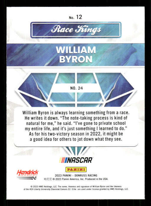 William Byron 2023 Panini Donruss Racing Race Kings Base Back of Card