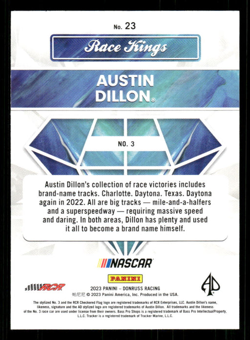 Austin Dillon 2023 Panini Donruss Racing Race Kings Base Back of Card