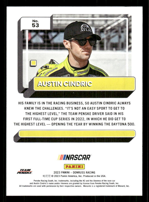 Austin Cindric 2023 Panini Donruss Racing Drivers Base Back of Card