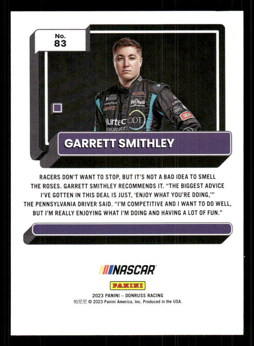 Garrett Smithley 2023 Panini Donruss Racing Drivers Base Back of Card