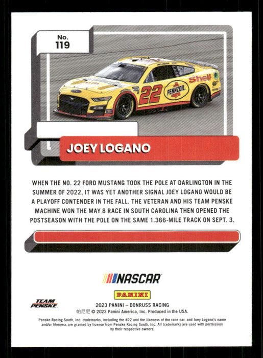 Joey Logano 2023 Panini Donruss Racing Cars Base Back of Card