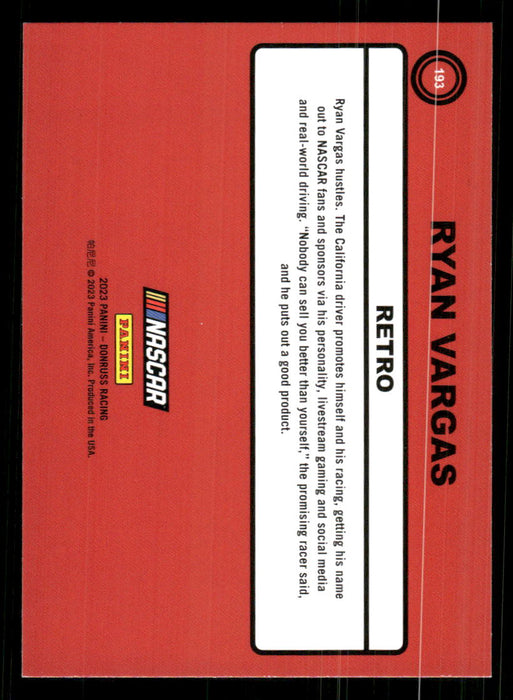 Ryan Vargas 2023 Panini Donruss Racing Retro 1990 Base Back of Card
