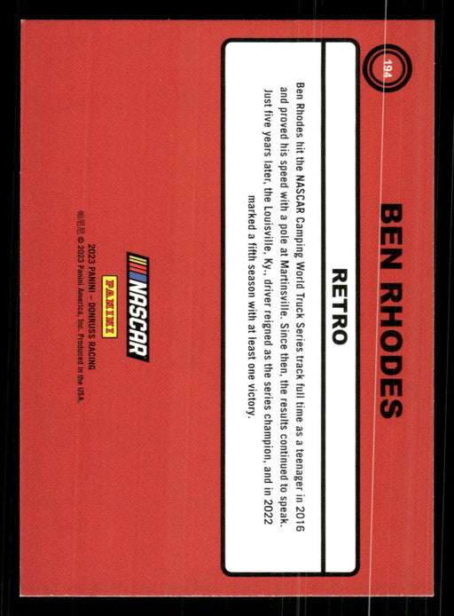 Ben Rhodes 2023 Panini Donruss Racing Retro 1990 Base Back of Card
