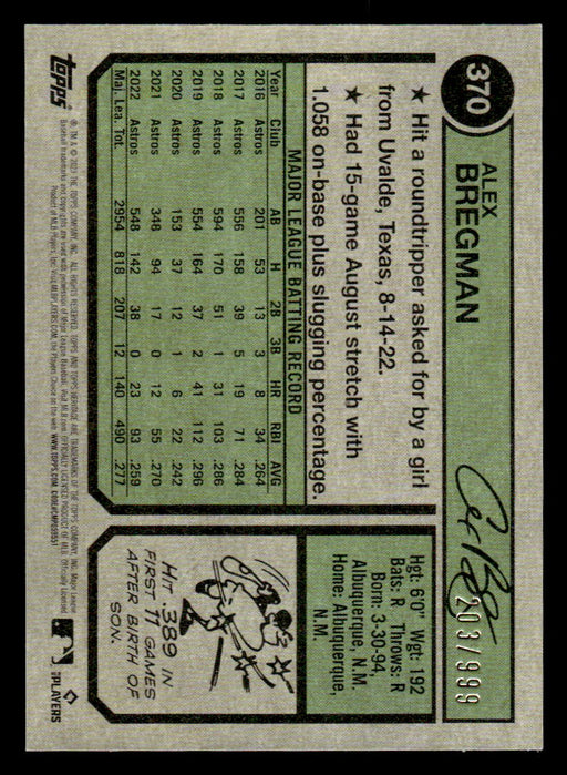 Alex Bregman 2023 Topps Heritage Baseball Chrome Back of Card