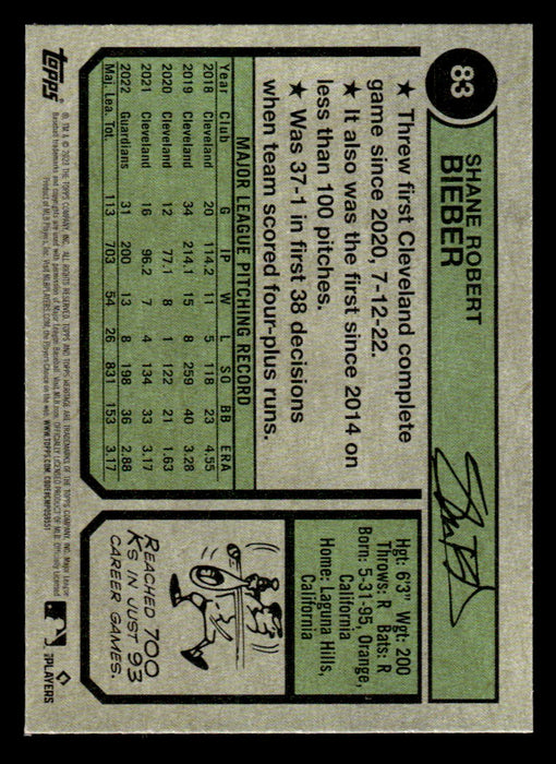 Shane Bieber 2023 Topps Heritage Baseball Blue Sparkle Refractor Back of Card