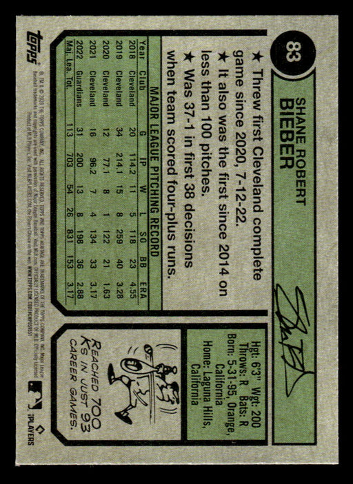 Shane Bieber 2023 Topps Heritage Baseball Blue Sparkle Refractor Back of Card