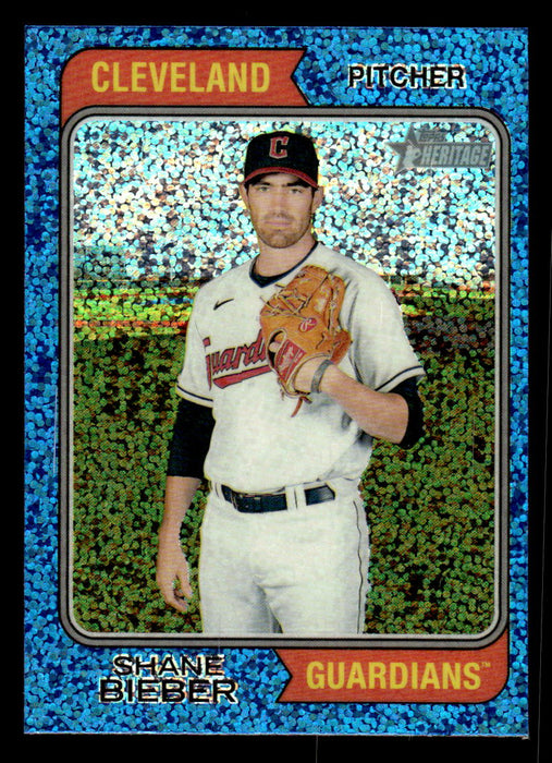 Shane Bieber 2023 Topps Heritage Baseball Blue Sparkle Refractor Front of Card
