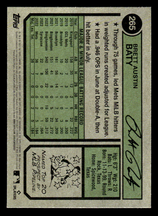 Brett Baty 2023 Topps Heritage Baseball Blue Sparkle Refractor Back of Card