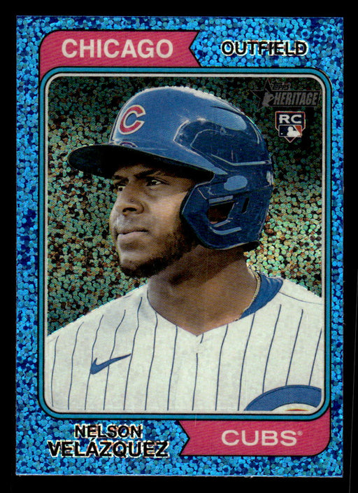 Nelson Velazquez 2023 Topps Heritage Baseball Blue Sparkle Refractor Front of Card