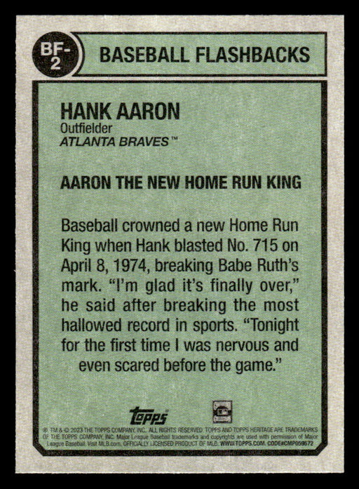 Hank Aaron 2023 Topps Heritage Baseball Baseball Flashbacks Back of Card