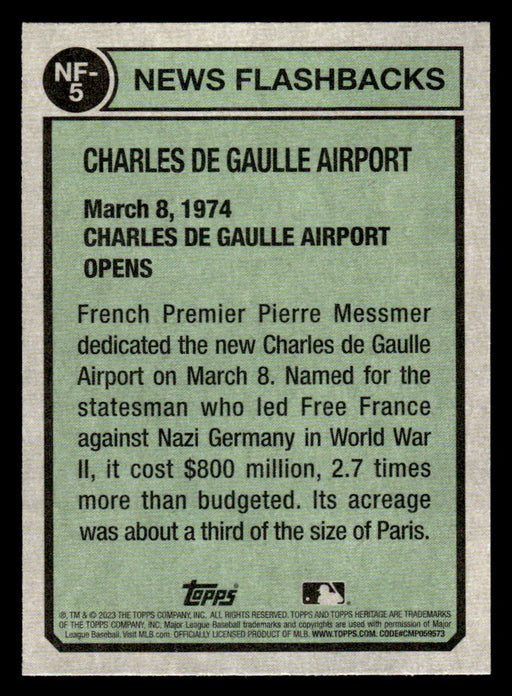 Charles de Gaulle Airport 2023 Topps Heritage Baseball News Flashbacks Back of Card