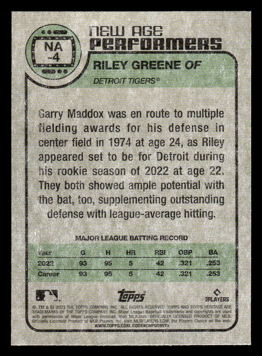 Riley Greene 2023 Topps Heritage Baseball New Age Performers Back of Card