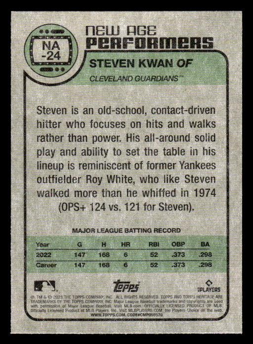 Steven Kwan 2023 Topps Heritage Baseball New Age Performers Back of Card