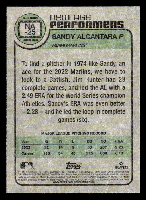 Sandy Alcantara 2023 Topps Heritage Baseball New Age Performers Back of Card