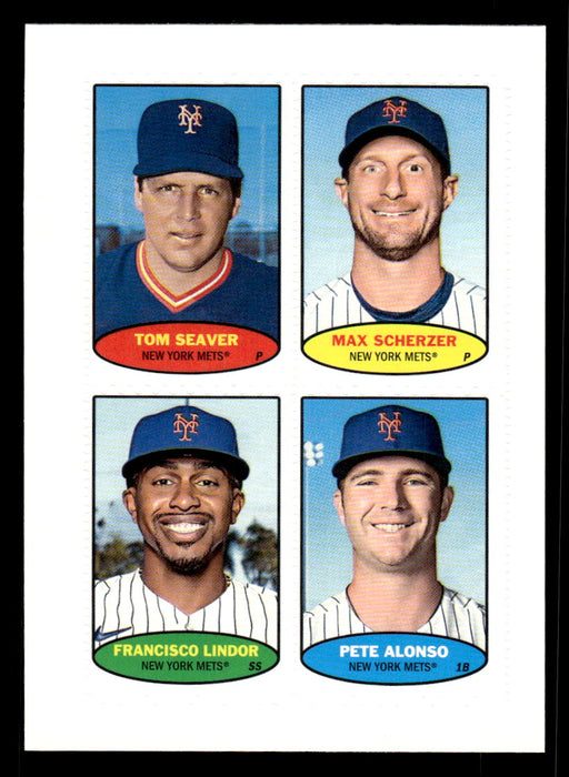 Tom Seaver, Max Scherzer, Francisco Lindor, Pete Alonso 2023 Topps Heritage Baseball 1974 Topps Stamps Front of Card