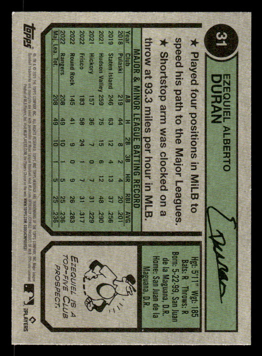 Ezequiel Duran 2023 Topps Heritage Baseball Base Back of Card