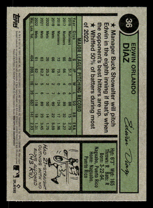 Edwin Díaz 2023 Topps Heritage Baseball Base Back of Card