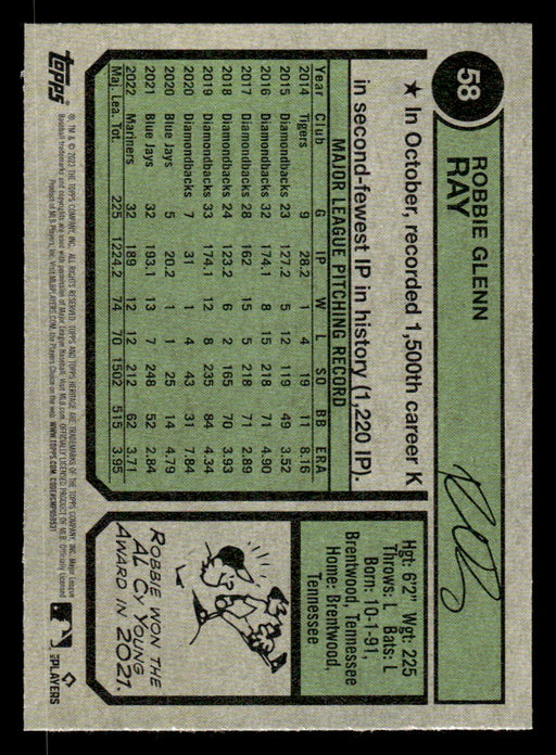 Robbie Ray 2023 Topps Heritage Baseball Base Back of Card