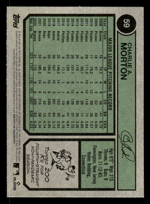 Charlie Morton 2023 Topps Heritage Baseball Base Back of Card