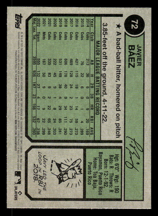 Javier Báez 2023 Topps Heritage Baseball Base Back of Card