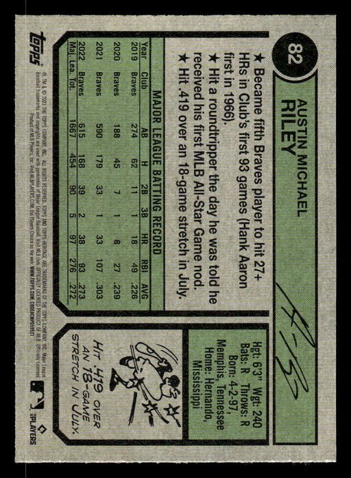 Austin Riley 2023 Topps Heritage Baseball Base Back of Card