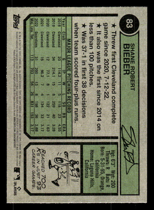 Shane Bieber 2023 Topps Heritage Baseball Base Back of Card