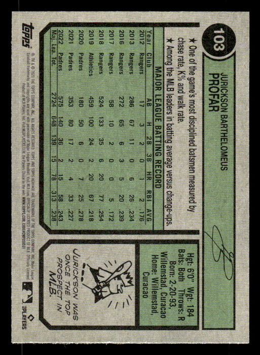 Jurickson Profar 2023 Topps Heritage Baseball Base Back of Card
