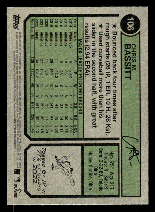 Chris Bassitt 2023 Topps Heritage Baseball Base Back of Card