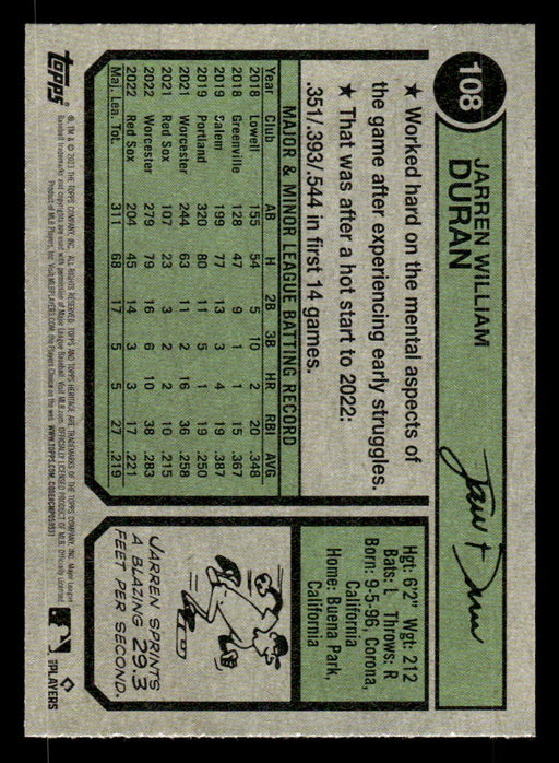 Jarren Duran 2023 Topps Heritage Baseball Base Back of Card