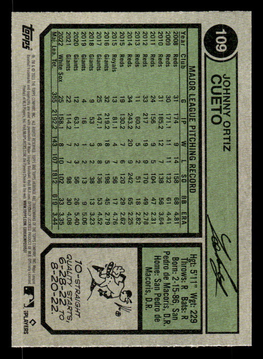 Johnny Cueto 2023 Topps Heritage Baseball Base Back of Card