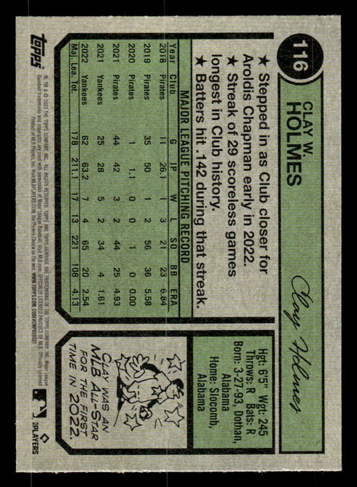 Clay Holmes 2023 Topps Heritage Baseball Base Back of Card